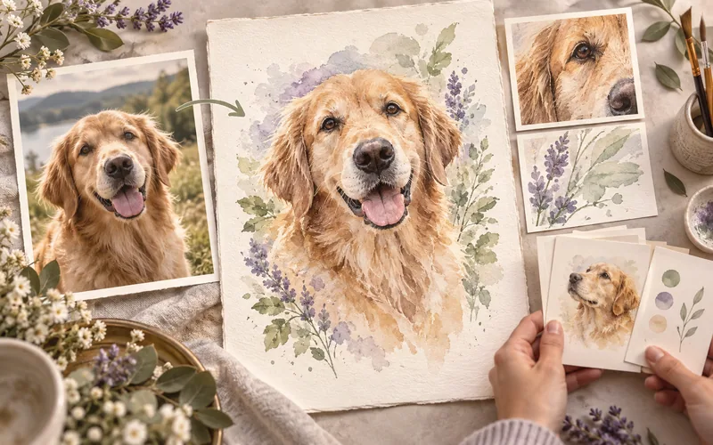 AI-generated pet photograph transforming into a watercolor portrait on textured paper.