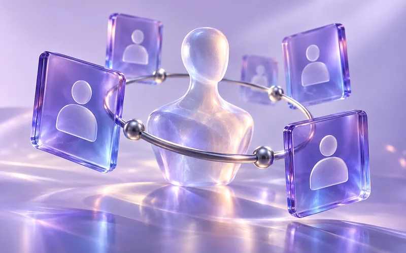 Translucent violet profile cards orbit a frosted glass human figure and silver ring, representing recruitment with people at its center.