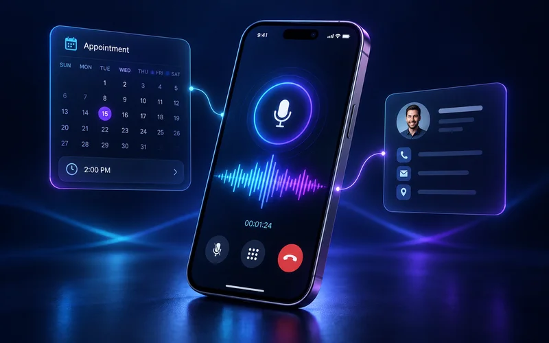 Concept illustration of an AI voice-call interface on a smartphone, connected to an appointment calendar and lead profile in cyan and violet light.