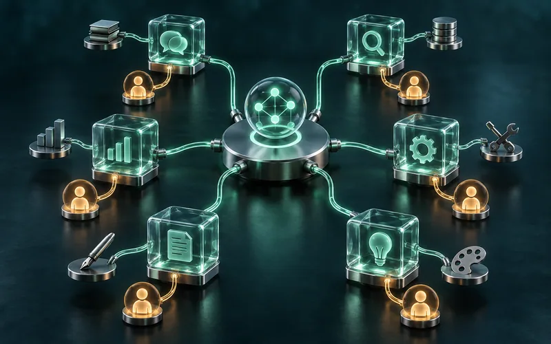 AI-generated glass specialist agent modules connected through a central router and human-review nodes.